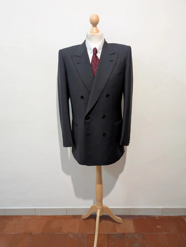 Excellent costume croisé gris bleu en laine froide