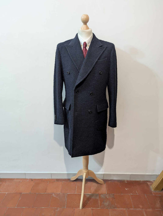 Élégant manteau polo coat  croisé bleu marine en laine