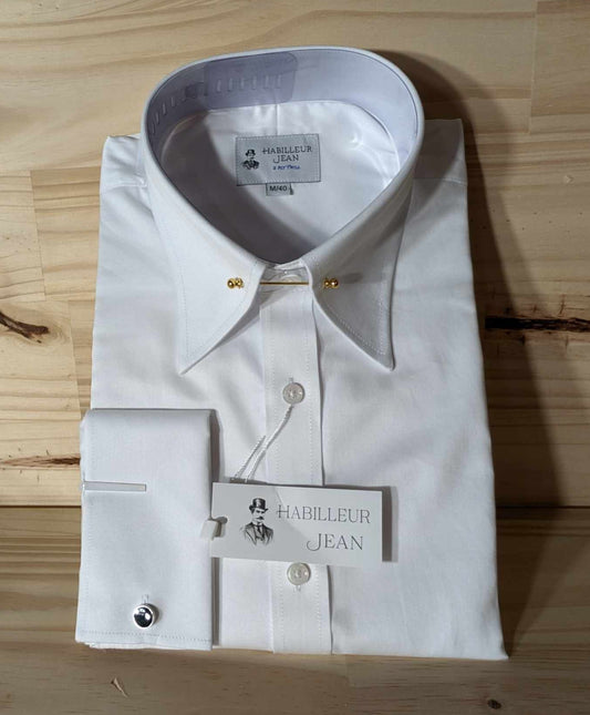 Chemise à épingle écarté blanche en twill double retors