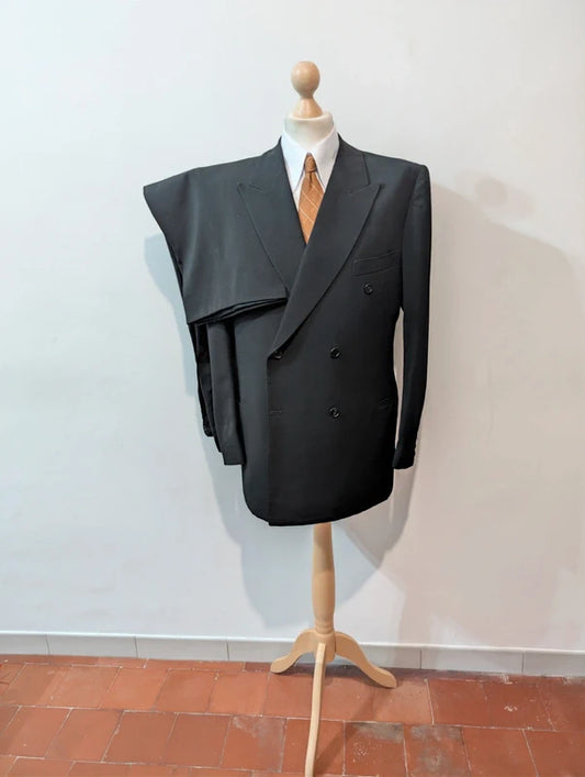 Prächtiger, maßgeschneiderter schwarzer zweireihiger Wollanzug