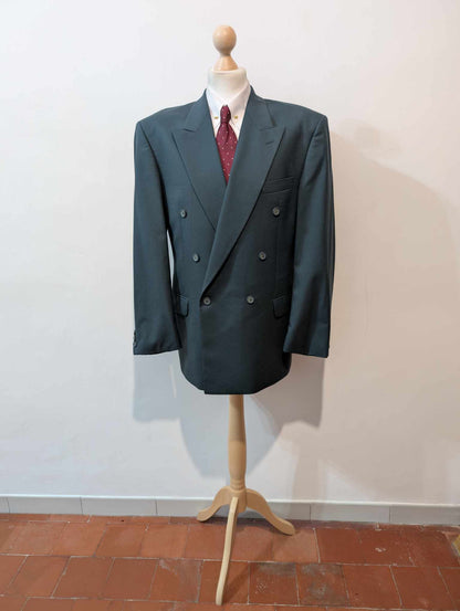 Original costume croisé de couleurs bleu vert en laine froide