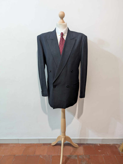 Incroyable costume croisé bleu marine en lin coton
