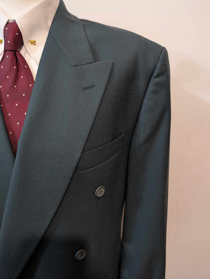 Original costume croisé de couleurs bleu vert en laine froide