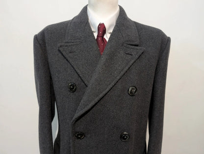 Superbe manteau croisé gris en laine lourde