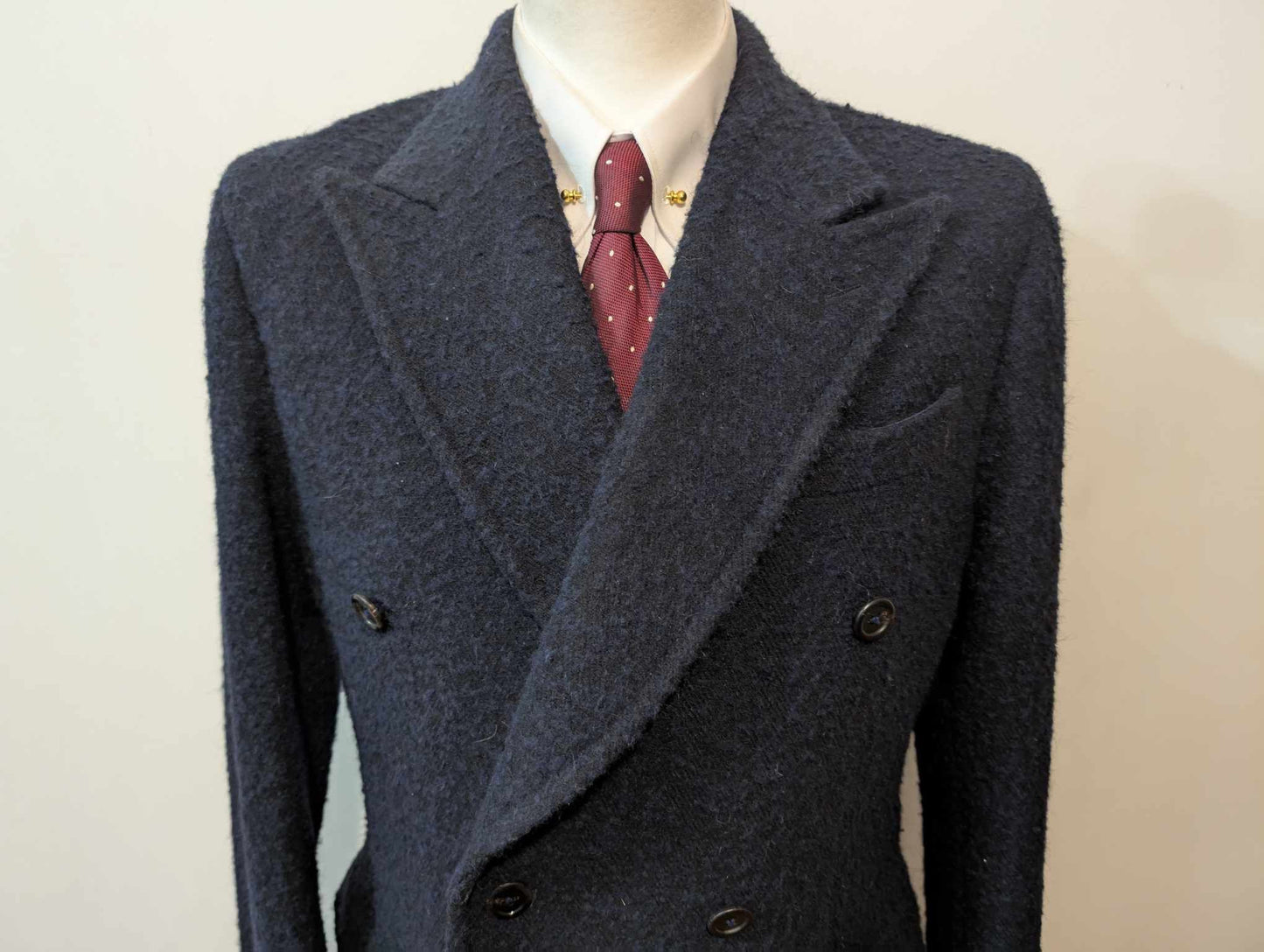 Élégant manteau polo coat  croisé bleu marine en laine