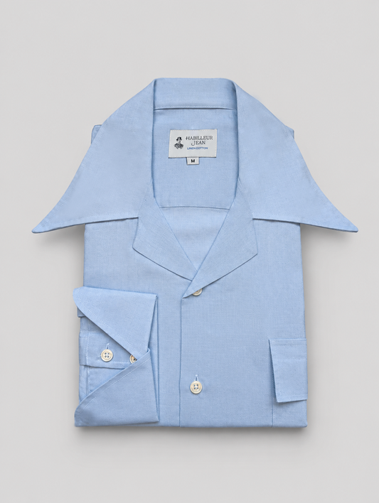 Chemise col cubain bleue lin coton